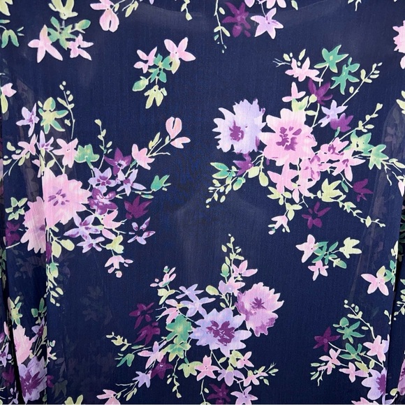 Vintage Large Haband Blue Purple Floral Semi Sheer Blouse Button Front 90s - Picture 8 of 12